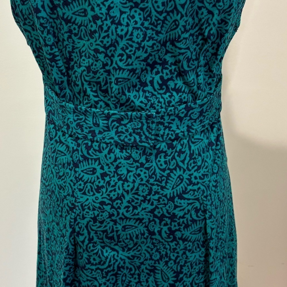 70s KNIT NAVY & GREEN PAISLEY HANDMADE COTTAGECORE SLEEVELESS V-NECK MIDI DRESS - Picture 7 of 8